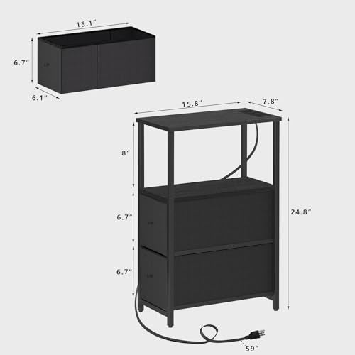 TUTOTAK Narrow LED End Table with Charging Station, Skinny Side Table | Bedside Table with Outlets, Nightstand with 2 Cloth Drawers, Couch Table for Living Room, Bedroom, Black TB01BK056 - color: Black, style: 2 Drawers with Plug & Light