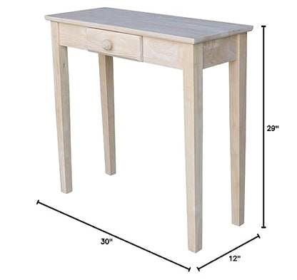 IC International Concepts, Rectangular Hall Table W/Drawer , Solid Real Wood, Sturdy Parawood, 30"W x 12"D x 29"H , DIY, Paint/Stain Ready, Unfinished