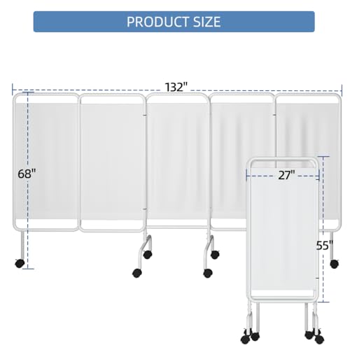 INNOVART 5-Panel Mobile Medical Privacy Screen Room Divider with Wheels, Foldable Flame Retardant Vinyl Room Divider Panels Easy for Storage, Portable Partition Dividers for Hospitals, Clinics, Salons - size: 137"W x 68"H