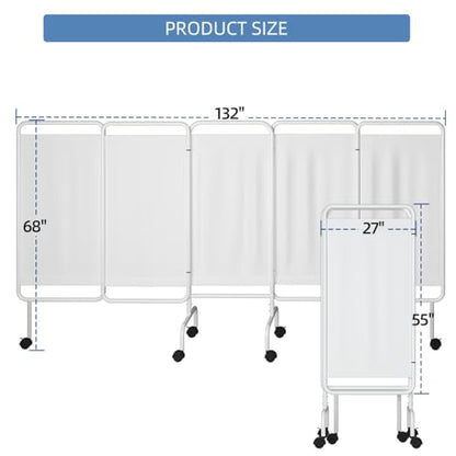 INNOVART 5-Panel Mobile Medical Privacy Screen Room Divider with Wheels, Foldable Flame Retardant Vinyl Room Divider Panels Easy for Storage, Portable Partition Dividers for Hospitals, Clinics, Salons - size: 137"W x 68"H