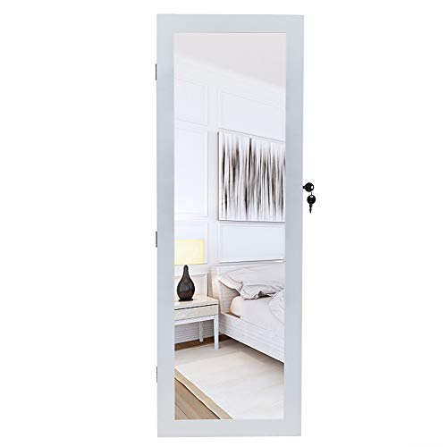 42.5" Wood Jewelry Mirror Cabinet,Wall or Door Mounted Jewelry Storage Cabinet,Space-Saving Large Jewelry Armoire Organizer,with Lock & LED Lights,for Living Room, Bedroom, Cloakroom (White) - size: 37x10x108cm
