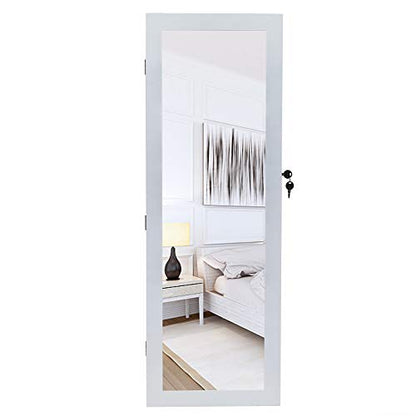 42.5" Wood Jewelry Mirror Cabinet,Wall or Door Mounted Jewelry Storage Cabinet,Space-Saving Large Jewelry Armoire Organizer,with Lock & LED Lights,for Living Room, Bedroom, Cloakroom (White) - size: 37x10x108cm