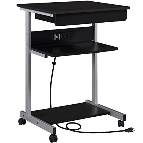Yaheetech Small Rolling Computer Desk with Power Outlet, Laptop Cart, Black | A Small Rolling Desk with a Power Outlet, 2 USB Ports, a Drawer, and a Shelf Fits a Laptop and Printer into Tight Spaces.