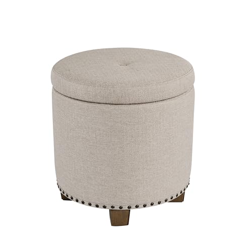 HomePop 18.5" Round Storage Ottoman with Nailheads - Light Brown Fabric - color: Light Brown Fabric