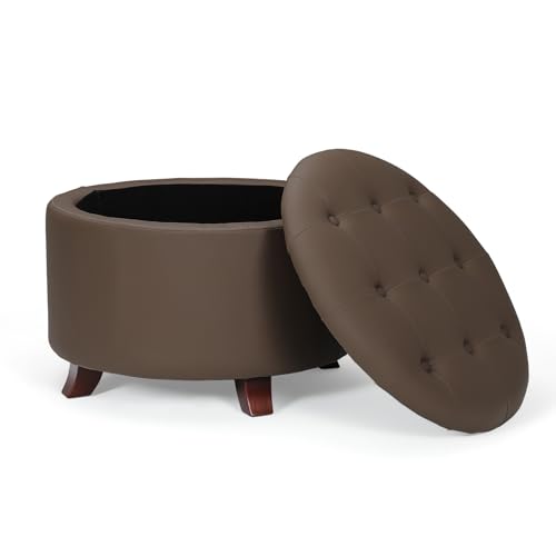 Athena Collection 24.5 Inch Small Ottoman with Storage, Round PU Leather Storage Ottoman Foot Rest with Removable Lid, Multipurpose Footstool Footrest for Livingroom, Bedroom, Dorm, Brown - color: Brown, size: 24.5"D x 24.5"W x 17"H