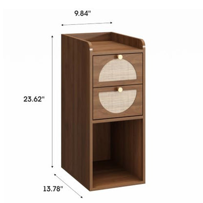 Narrow Nightstand Set of 2 (Rattan & Wood) - Small Bedside Table with 2 Drawers, Open Shelf, Mid Century Modern End Table - for Bedroom, Living Room & Small Spaces, Walnut - color: Walnut, size: 9.9"W (2 Pc)