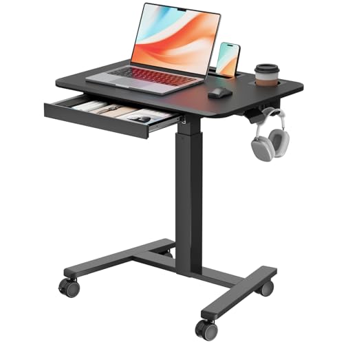 28" Mobile Standing Desk with Drawer, Portable Laptop Desk | Rolling Desk with Cup Holder & Hooks, Height Adjustable Computer Cart on Wheels for Classroom, Study Desk with Storage, Black - color: Black, size: 28"