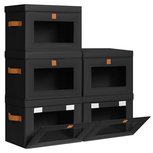 DIMJ Storage Bins with Lids - 5 Pack Front Opening Stackable Fabric Storage Boxes with Clear Window & Handles, Collapsible Closet Organizers for Clothes, Sweaters, Shelf Storage, Bedroom, Black - color: Black, size: Large-5 Pack