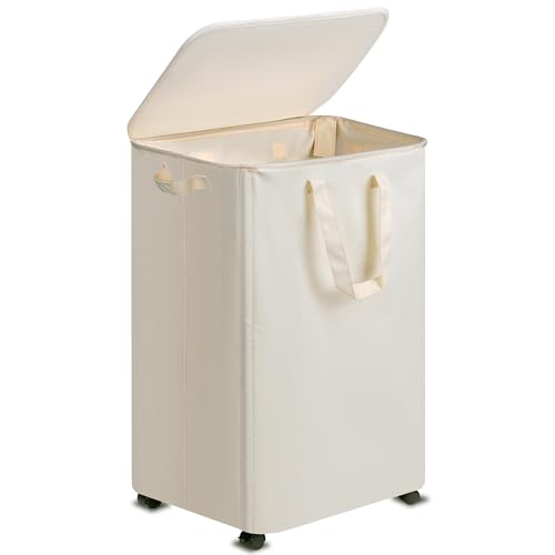 Slim Laundry Hamper with Wheels, Rolling Laundry Basket with lid and wheels Clothes Hamper Foldable Tall Dirty Clothes Basket Sturdy Collapsible Clothes Hamper for Dorm,Laundry Room - color: Beige, size: 95L