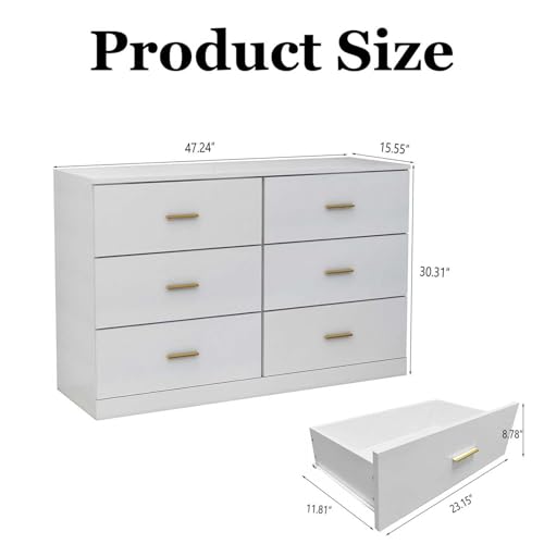 Modern White 6 Drawer Dresser with Gold Handles, 47" Chest of Drawers for Bedroom, Kids Room & Nursery, Wooden Storage Dresser for Girls Bedroom-1pc