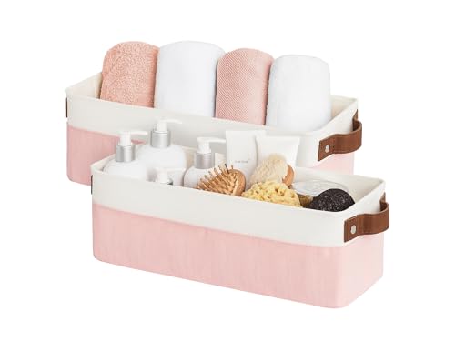StorageWorks Narrow Fabric Storage Bins, Pink and White, 2-Pack | With Metal Frame, Sturdy Structure, Reinforced Handles, Toilet Paper Storage, Small Storage Bins for Bathroom, Closet, Shelf - color: Pink and White, size: 15"L x 6"W x 5"H
