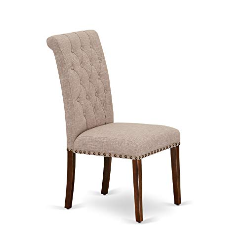 East West Furniture DLBR5-MAH-04 5 Piece Dining Room Furniture Set Includes a Round Dining Table with Dropleaf and 4 Light Tan Linen Fabric Upholstered Chairs, 42x42 Inch, Mahogany - color: Dlbr5-mah-04