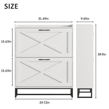 Maupvit Shoe Cabinet with 2 Flip Drawers, Freestanding Shoe Cabinet Organizer with Metal Legs, Shoes Storage Cabinet for Entryway, Narrow Shoe Rack Cabinet, White - color: White, style: 2-Drawers