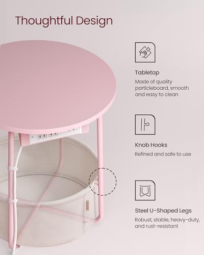 VASAGLE LILEA Colection - Side Table with Charging Station, Round End Table with Fabric Basket, Nightstand with Power Outlets, USB Ports, Modern, Jelly Pink and Cream White ULET228R01 - color: Jelly Pink + Cream White, size: Without LED light