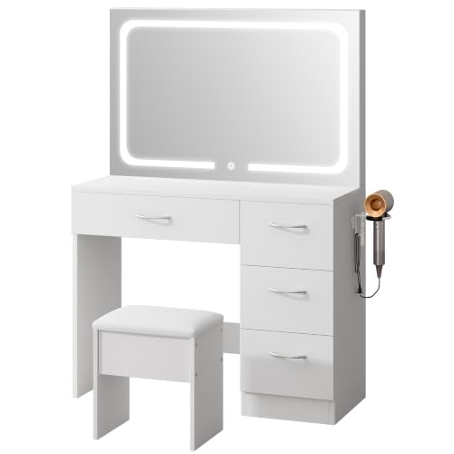 LIVELYGLOW 35.4" White Vanity Desk Set with Full-Width LED Mirror & Stool | 3 Lighting Modes, Charging Station, Cushioned Stool, 4 Drawers