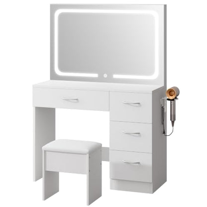 LIVELYGLOW 35.4" White Vanity Desk Set with Full-Width LED Mirror & Stool | 3 Lighting Modes, Charging Station, Cushioned Stool, 4 Drawers