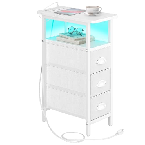 sthmec End Table with Charging Station,LED Side Tables with USB Ports and Outlets,Skinny Bedside Tables with 3 Drawers,Small Tabls Nightstands for Small Space,Slim Sofa Table for Livingroom, White - color: White, size: 7.88'' W*15.75'' D*24.3'' H, style: