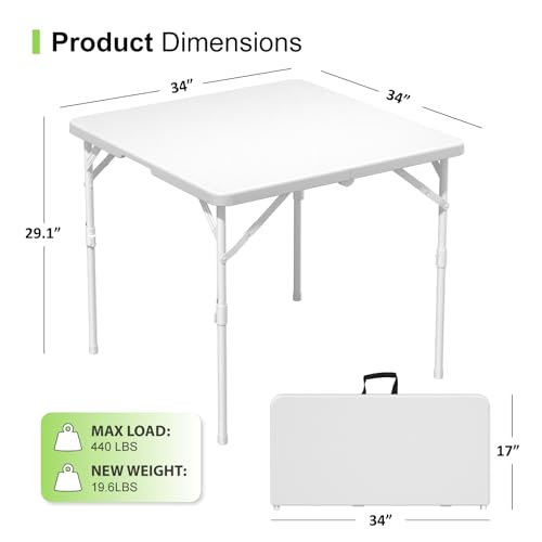 34" Square Folding Table, Plastic Card Table with Carrying Handle, Fold-in-Half Utility Portable Dining Tables Indoor Outdoor for Kitchen, Party, Picnic, Camping, Office, Wedding, White