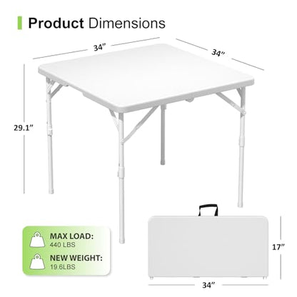 34" Square Folding Table, Plastic Card Table with Carrying Handle, Fold-in-Half Utility Portable Dining Tables Indoor Outdoor for Kitchen, Party, Picnic, Camping, Office, Wedding, White