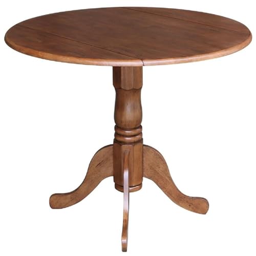 IC INTERNATIONAL CONCEPTS 42" Round Solid Wood Dual Drop Leaf Pedestal Table in Oak Finish - color: Distressed Oak
