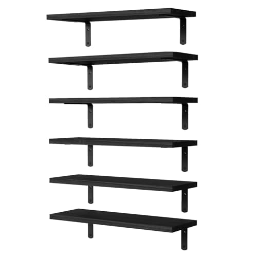 Floating Shelves Set of 6, Wooden Floating Shelves for Wall Decor, Farmhouse Shelf for Bedroom, Wall Mounted Bathroom Storage Shelves, Floating Book Shelves for Living Room - color: Black