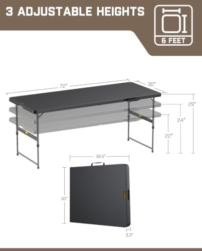 FanttikOutdoor Folding Table 6ft Quick Adjust 3 Heights Picnic Party Dining | One-Handed Adjustable Height, Fixing Lock, Carry Handle Heavy Duty Portable Fold-in-Half, Indoor Outdoor Black Zeta X6 Pro - color: Black