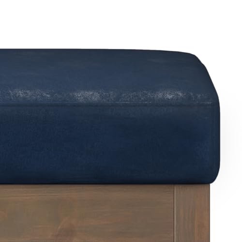 SIMPLIHOME Milltown 27" Wide Vegan Leather Rectangle Ottoman in Dark Blue | Distressed dark blue, contemporary ottoman, footstool or footrest with a cushioned seat for extra seating in the bedroom. - color: Distressed Dark Blue, style: Small Ottoman Bench