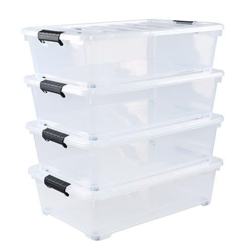 Vababa 25 L Wheeled Under Bed Clear Plastic Storage Bins with Lid, Set of 4 | Clear Plastic Material, Side Latch Clasps, Detachable Rolling Wheels, Low Under Bed Profile Design,For Household Organizers