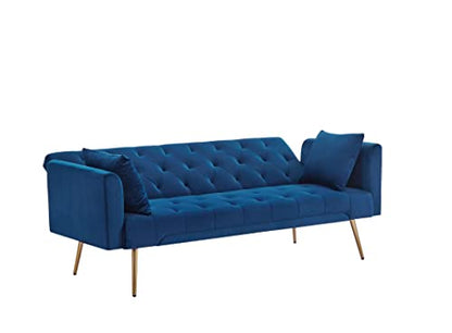 72"Modern Velvet Sofa Bed Futon,Convertible Folding Sleeper Bed Couches with 3 Adjustable Backrests,Tufted Recliner Love Seat with Golden Chrome Legs for Living Room Apartment Office (Navy+pillows) - color: Navy+pillows