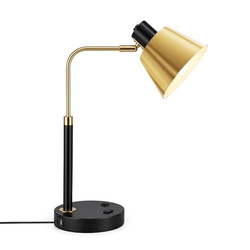 Desk Lamp with USB-C, USB-A and AC Outlet, Adjustable E26 Table Lamp for Home Office and Bedside Reading, Matte Black and Brushed Brass-Look, Bulb Not Included