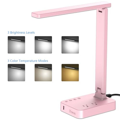 Drevet LED Desk Lamp, Desk Light with 1 USB Charging Port and 2 AC Power Outlet, 3 Lighting Modes, 3 Level Brightness,1H Timer, Touch Control, Eye-Caring Home Office Foldable Table Lamp (Pink) - color: Pink Classic 1USB/2AC