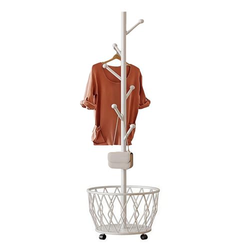 Off-White Moveable Tree Metal Coat Rack with Basket Freestanding 65" | Organizer for Scarf Jacket Hat Bags Ideal for Home Entryway Bedroom Corner Stable - color: Off-White