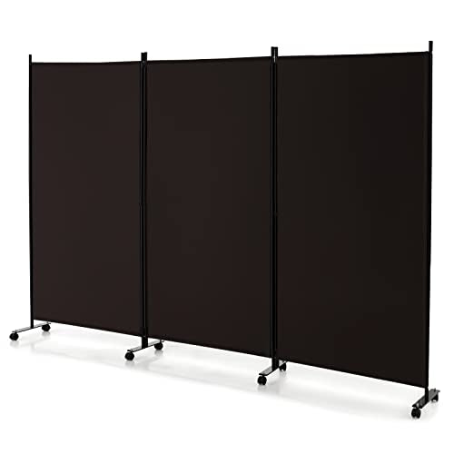 GOFLAME 3 Panel Folding Room Divider, 6FT Rolling Privacy Screen with Lockable Wheels, Portable Room Partition Screen, Freestanding Wall Divider and Separator for Home Office, Brown - color: Brown, size: 3-Panel