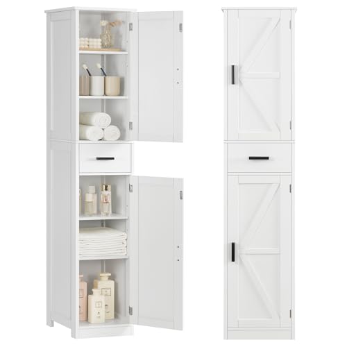TEENFON 67 Tall Bathroom Cabinet with 6 Shelves & 1 Drawer, Narrow Storage Cabinet with Adjustable Shelves, Silm Cabinet for Living Room, Kitchen, White - color: White-2