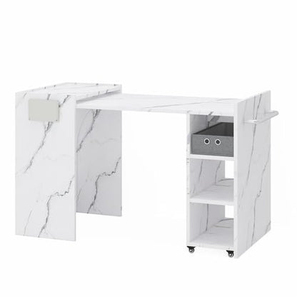 Foldable Manicure Table Nail Desk, Expandable Nail Tech Table with Storage Fabric Drawer Adjustable Shelf, Wall Mount Nail Station Modern Multipurpose Table Home Office Beauty Spa Salon, White Marble - color: White Marble