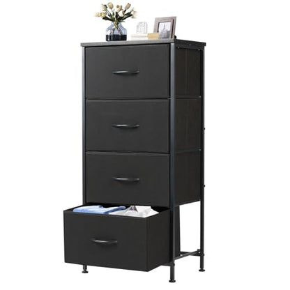 DUMOS Nightstand, Bedside Table with 4 Fabric Drawers | Night Stand with Removable Bins, Steel Frame Wood Top, Small Dresser for Bedroom Closet - color: Black, size: 11.8"D x 17.7"W x 37.4"H (4 Drawers)