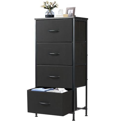 DUMOS Nightstand, Bedside Table with 4 Fabric Drawers | Night Stand with Removable Bins, Steel Frame Wood Top, Small Dresser for Bedroom Closet - color: Black, size: 11.8"D x 17.7"W x 37.4"H (4 Drawers)