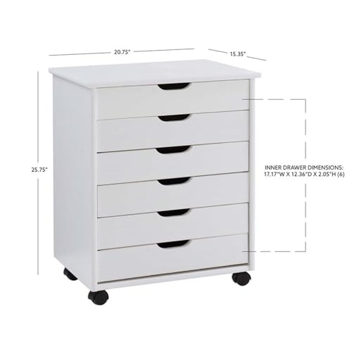 Linon Callie Multipurpose Six Drawer Dresser Wide Wood Rolling File Cabinet Storage Cart in White Wash