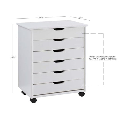 Linon Callie Multipurpose Six Drawer Dresser Wide Wood Rolling File Cabinet Storage Cart in White Wash