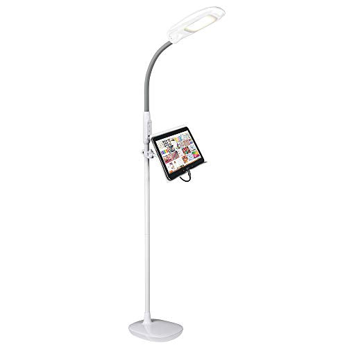 OttLite LED Floor Lamp with USB Port, White | ClearSun LEDs Reduce Eyestrain | 3 Color Temperature Modes | Adjustable Tablet Stand | Adjustable Height 47.5"-64" - color: White