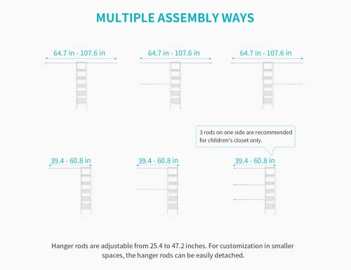 M1 Closet Storage Organizer System, 6 Tiers Heavy Duty Metal Garment Rack with 3 Expandable Hanger Rods, Wall Mounted Space Saver Suits from 5.4-8.7 ft. Width, 71.2”H x 14”D, 700LBS, White - color: White