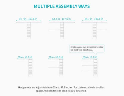 M1 Closet Storage Organizer System, 6 Tiers Heavy Duty Metal Garment Rack with 3 Expandable Hanger Rods, Wall Mounted Space Saver Suits from 5.4-8.7 ft. Width, 71.2”H x 14”D, 700LBS, White - color: White