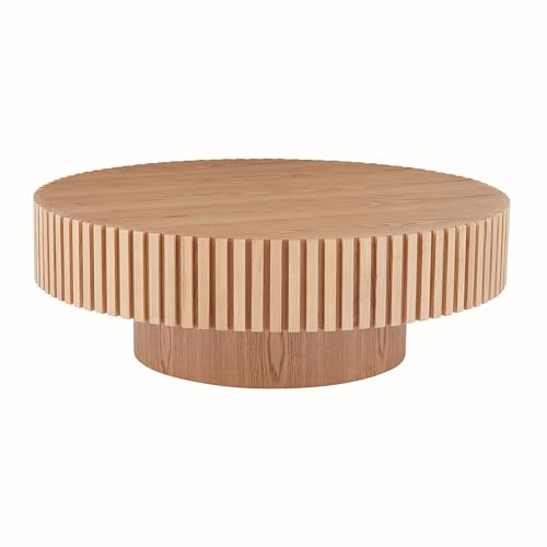 39.37'' Round Coffee Table for Living Room, Modern Wood Nesting Coffee Table Handcraft Circle Fluted Drum Coffee Table, Easy Assembly - color: Oak, size: 39.37"x23.62"x13.42"