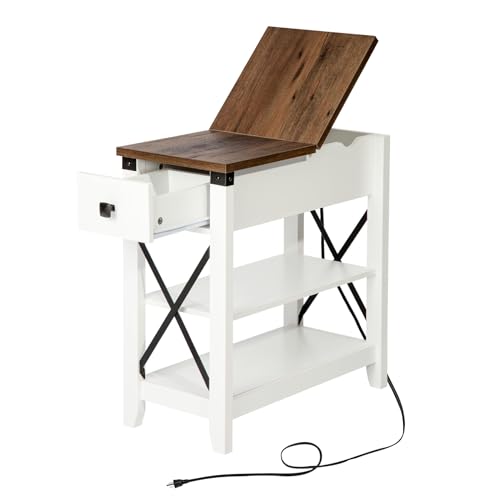 Awescuti Narrow End Table with Charging Station - Farmhouse Slim Side Table, w/USB Ports Power Outlets, Nightstand w/Flip Top Storage Drawer, for Small Spaces Living Room Bedroom, Brown White - color: Brown Top, size: Single