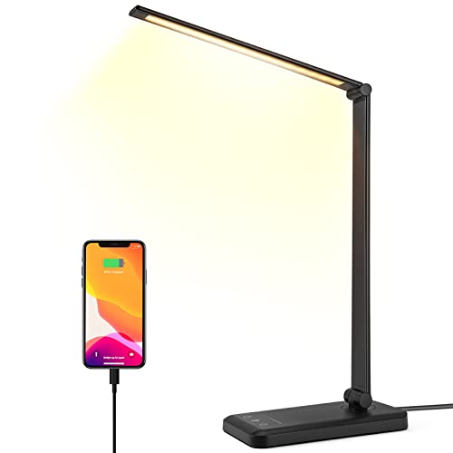 Led Desk Lamp, Desk Lamp with USB Charging Port, 5 Color Modes, 10 Brightness, Natural Light, Eye Caring Reading Lamp, Desk Light for Home Office, Table Lamp, Touch Control, Auto-Timer, Black - color: Black