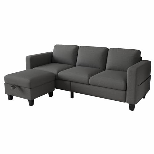 Couches for Living Room 3 Seats L Shaped Sofa with Storage Movable Ottoman | 78"Modern Linen Grey Couch 3 Seater Sofas with Chaise for Studio Apartment Office Basement Small Space, Easy Assembly - color: Dark Grey