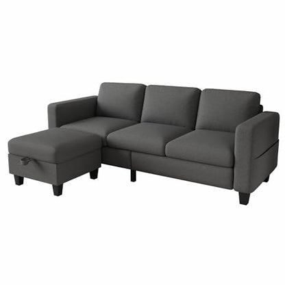 Couches for Living Room 3 Seats L Shaped Sofa with Storage Movable Ottoman | 78"Modern Linen Grey Couch 3 Seater Sofas with Chaise for Studio Apartment Office Basement Small Space, Easy Assembly - color: Dark Grey
