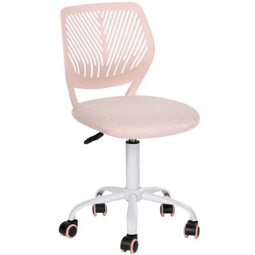FurnitureR Pink Kids Desk Chair, Swivel Adjustable Study Chair with Fabric Cushion and Rolling Wheels, Armless Lightweight Task Chair for Cozy Study Rooms & Gifting - color: Pink