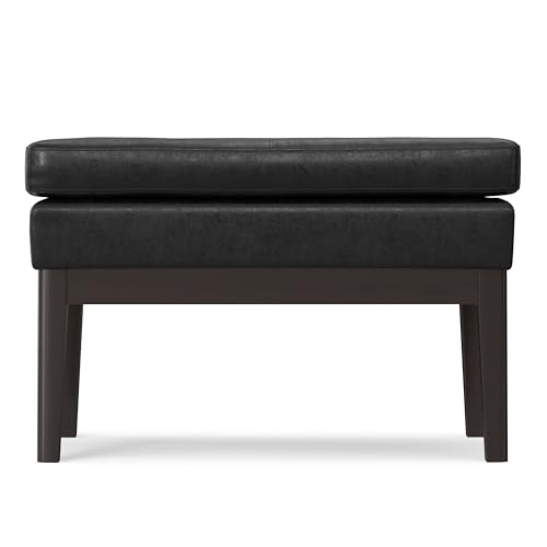 SIMPLIHOME Carlson 27" Wide Woven Fabric Rectangle Ottoman in Black | Mid-century modern ottoman with a padded seat for extra seating in the bedroom or living room; footstool, footrest. - color: Distressed Black, style: Small Ottoman Bench