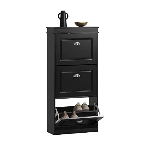 Haotian Shoe Cabinet with 3 Flip Drawers | Freestanding Shoe Rack for Entryway, Shoe Organizer with Hidden Drawer, Black, FSR94-SCH - color: Black, size: 3 Drawers:20.8x9.4x46"